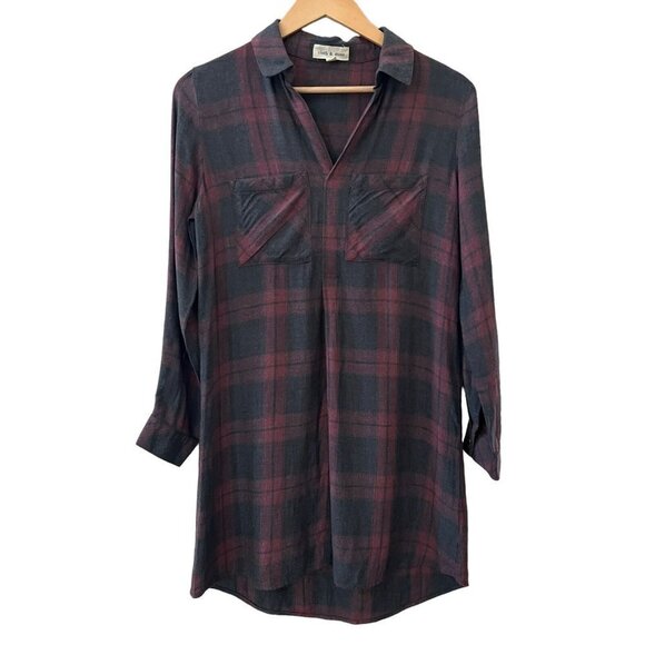 Cloth & Stone Womens Long Tunic Red Black Plaid Collared Long Sleeve Top XS - Picture 1 of 12